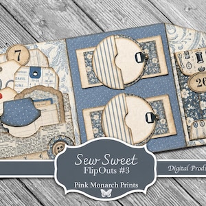 May include: A paper craft kit featuring blue and cream patterned cardstock, circular flip-out pockets, and vintage-style tags with numbers 7 and 26. The design includes sewing-themed illustrations, newspaper print, and small blue envelopes.