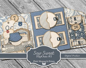 Sew Sweet FlipOuts #3, Junk Journaling Mini Folio, Page Idea, Kit, Pink Monarch Prints, Digital Kit
