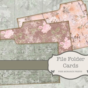 May include: File folder cards with floral and botanical designs. The cards feature a variety of patterns, including roses, branches, and textured backgrounds in shades of pink, brown, and green. The text "File Folder Cards" is displayed.