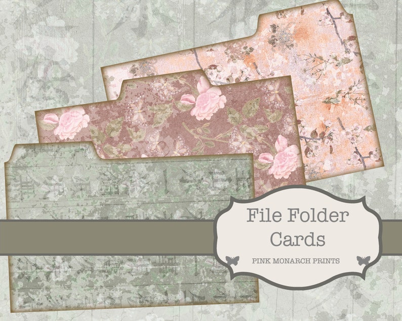 May include: File folder cards with floral and botanical designs. The cards feature a variety of patterns, including roses, branches, and textured backgrounds in shades of pink, brown, and green. The text "File Folder Cards" is displayed.