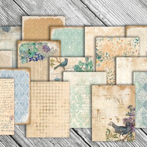 May include: A collection of 14 digital paper backgrounds featuring vintage patterns, floral designs, and bird illustrations in shades of blue, beige, and brown. The papers have a distressed, aged look.
