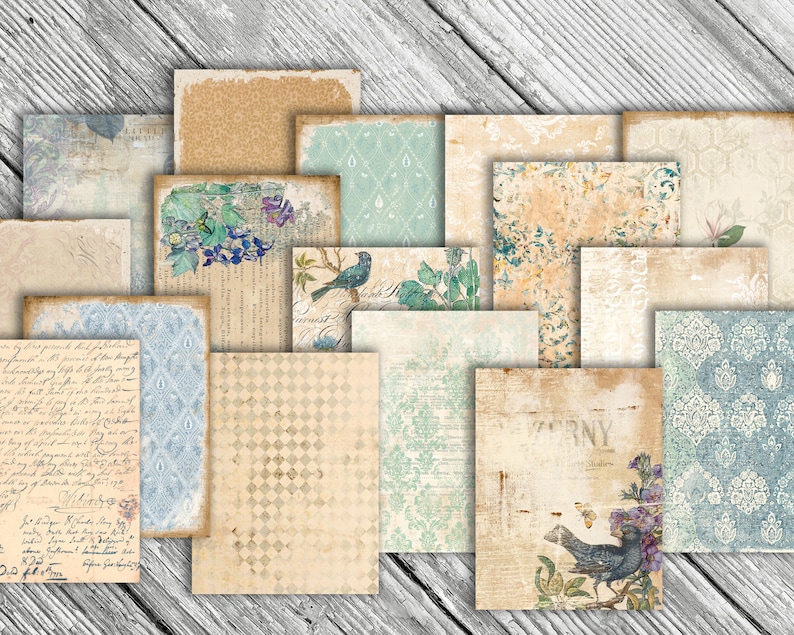 May include: A collection of 14 digital paper backgrounds featuring vintage patterns, floral designs, and bird illustrations in shades of blue, beige, and brown. The papers have a distressed, aged look.