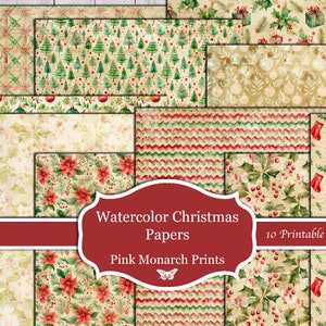 May include: Ten digital papers featuring watercolor Christmas designs. The designs include a variety of patterns, such as trees, holly, ornaments, and stockings. The papers are perfect for scrapbooking, card making, and other crafting projects. Watercolor Christmas Papers, Pink Monarch Prints.