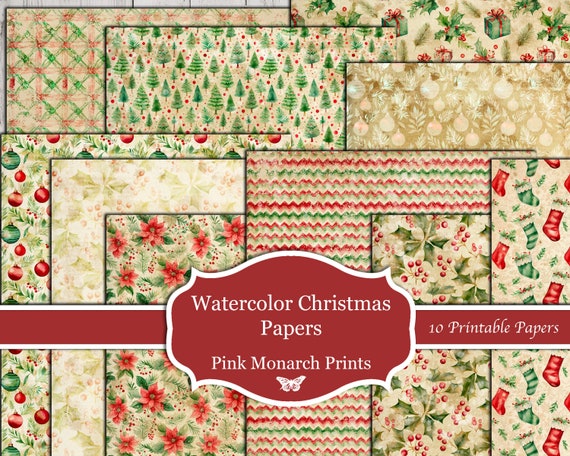 Traditional Watercolor Christmas Papers, Printable Papers, Digital Junk Journal, Printable Junk Journal, Christmas Junk Journal, Junk Journa