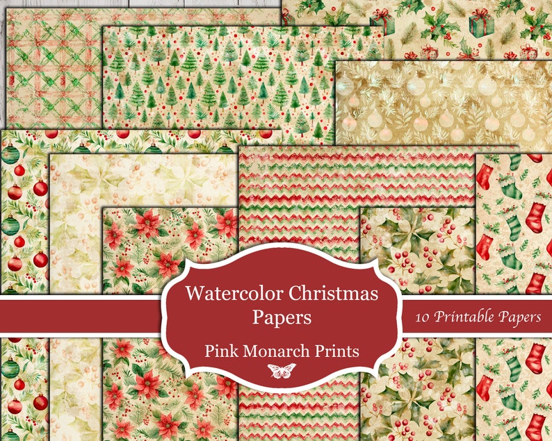 May include: Ten digital papers featuring watercolor Christmas designs. The designs include a variety of patterns, such as trees, holly, ornaments, and stockings. The papers are perfect for scrapbooking, card making, and other crafting projects. Watercolor Christmas Papers, Pink Monarch Prints.