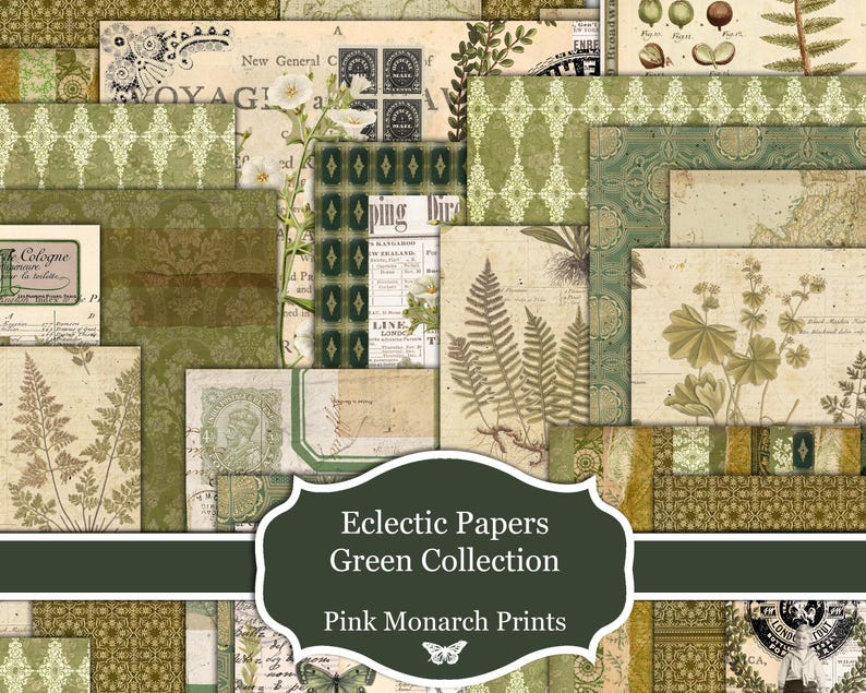 May include: A digital collage sheet with green and brown patterned papers featuring botanical illustrations, including ferns, leaves, and flowers. The text "Eclectic Papers Green Collection Pink Monarch Prints" is at the bottom of the image.