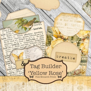 Yellow Rose Tag Builder Kit, Junk Journal Kit, Junk Journaling Digitals, Printable Junk Journal, Shabby Chic, Digital Junk Journal, Grungy