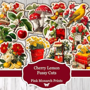 May include: A selection of die-cut paper ephemera with botanical and fruit illustrations. Includes cherries, lemons, flowers, mushrooms, a yellow bird, and a bottle of red liquid. The text reads "Cherry Lemon Fussy Cuts" and "Pink Monarch Prints".
