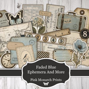 Vervaagde blauwe ephemera en meer, afdrukbare kit voor ongewenste tijdschriften, scrapbooking (digitale download)
