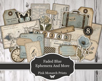 Faded Blue Ephemera And More, Printable Junk Journal Kit, Scrapbooking (Digital Download)
