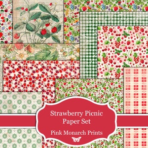 Erdbeer-Picknick-Papier-Set, digital, bedruckbar, Junk Journal Papiere, Junk Journal Kit, Junk Journal Zubehör, Erdbeeren, Scrapbooking