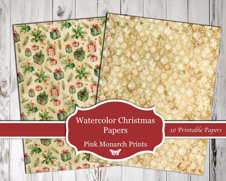 May include: Two digital paper designs featuring a watercolor Christmas theme. The first design features a repeating pattern of green and red gift boxes with holly and pine sprigs on a beige background. The second design features a repeating pattern of white ornaments and pine sprigs on a gold background. The text "Watercolor Christmas Papers" and "Pink Monarch Prints" is displayed on a red banner.