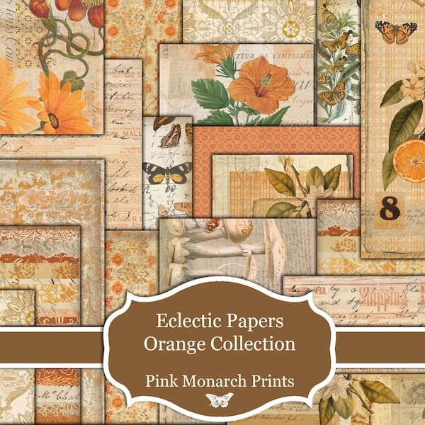 Eclectic Papers Orange Collection, Printable Papers, Digital Junk Journal, Scrapbook Papers, Pink Monarch Prints, Orange Junk Journal