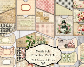 May include: A set of printable North Pole Collection Pockets with a pink and white color scheme. The pockets feature various designs including a snowman, a Christmas tree, and a snowflake. The text "North Pole Collection Pockets" and "Pink Monarch Prints" is included on the image.