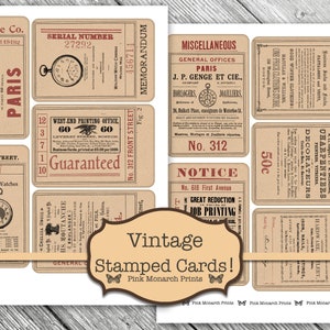 May include: Vintage brown paper cards with various text and images. The cards feature a variety of topics, including advertisements, notices, and announcements. The text on the cards is in a variety of fonts and sizes, and the images are in black and white.