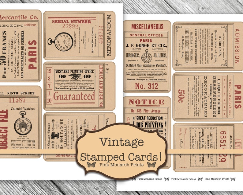 May include: Vintage brown paper cards with various text and images. The cards feature a variety of topics, including advertisements, notices, and announcements. The text on the cards is in a variety of fonts and sizes, and the images are in black and white.