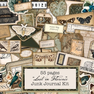 Puede incluir: Un collage de efímeras vintage, que incluye etiquetas, ilustraciones de mariposas y tarjetas. El texto "55 pages 'Lost in Florence' Junk Journal Kit" se muestra en una tarjeta rectangular. La paleta de colores incluye beige, verde azulado y marrón.