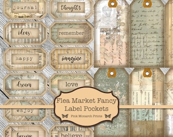 Flea Market Tags, Shabby Chic Paper, Junk Journal Kit, Vintage Flea Market Junk Journal, Labels, Pocket, Shabby Chic Junk Journal, Printable