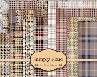 May include: A digital paper pack featuring 10 different plaid patterns in various shades of brown, beige, black, white, and red. The patterns are distressed and have a vintage look. The text "Simply Plaid" and "Pink Monarch Prints" is displayed on the image.