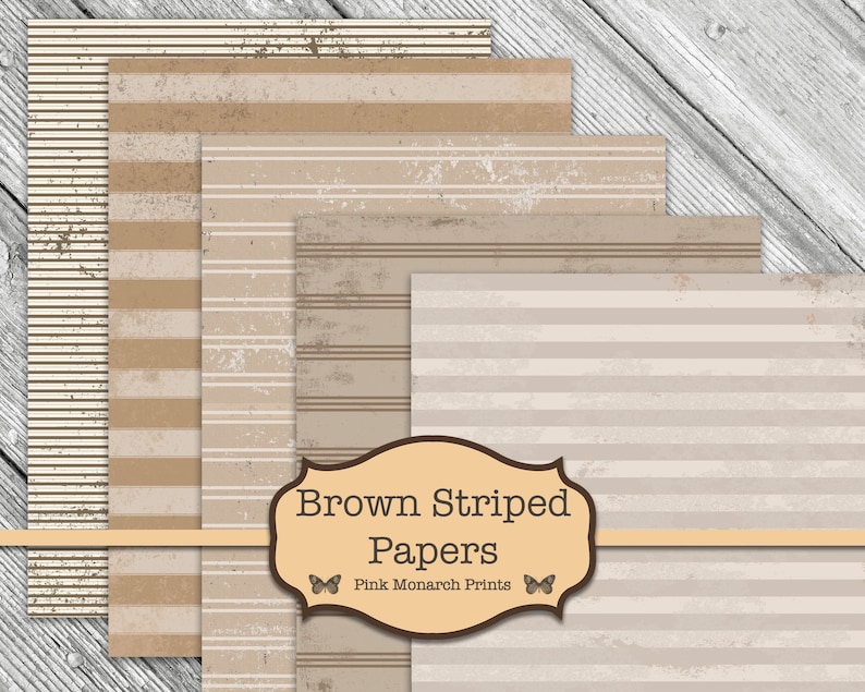 K&ouml;nnte beinhalten: Satz von sechs digitalen Papieren mit braunen und wei&szlig;en Streifenmustern in einem abgenutzten, Vintage-Look. Die Papiere eignen sich perfekt f&uuml;r Scrapbooking, Kartenherstellung und andere Bastelprojekte. Der Text auf dem Bild lautet "Brown Striped Papers" und "Pink Monarch Prints".