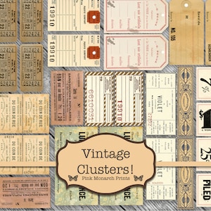 Puede incluir: Paquete de papel digital de estilo vintage con varios dise&ntilde;os, que incluyen boletos, etiquetas y etiquetas. El paquete de papel presenta una combinaci&oacute;n de colores marr&oacute;n, blanco y azul con texto en franc&eacute;s e ingl&eacute;s. El texto incluye "Vintage Clusters!" y "Pink Monarch Prints".