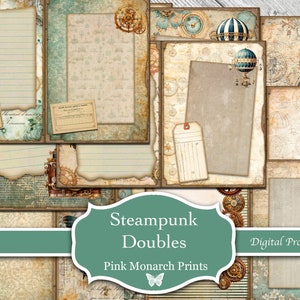 Páginas dobles Steampunk azules, páginas 5x7, vintage, digital, diario basura, imprimible, páginas de diario basura, álbum de recortes, suministros, kit de diario basura
