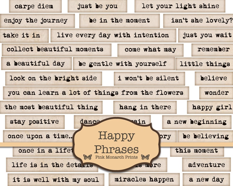 Happy Phrases, Digital Words, Embellishments for Junk Journals, Printable Junk Journaling Words, Collage Ephemera, Happy Junk Journal Words image 5