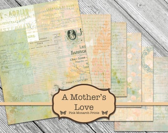 Peut inclure: Un ensemble de feuilles de papier de style vintage aux couleurs pastel fanées, avec des motifs floraux et manuscrits. L'image comprend une bannière avec le texte "A Mother's Love" et "Pink Monarch Prints". Les papiers sont sur un fond en bois.