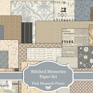 May include: A collection of decorative papers featuring various patterns including damask, floral, polka dots, stripes, and vintage sewing-themed illustrations. The set includes text-based designs with the words Stitched Memories Paper Set Pink Monarch Prints.