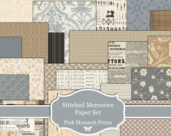 Stitched Memories Paper Set, Printable Scrapbooking and Junk Journaling Papers, Sewing (Digital Download)