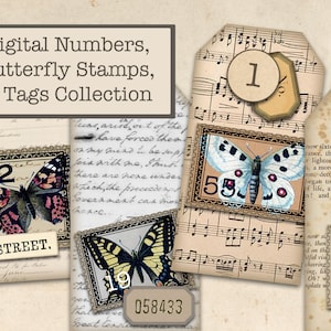 Junk Journal Kit, Junk Journaling Ephemera, Digital Number Stickers, Printable Number Tags, Digital Collage Kit, Butterfly Digital Stamps