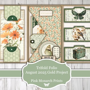 Puede incluir: Un folio tríptico con una estética vintage. El diseño presenta patrones florales, mariposas y una ilustración de pájaro. La paleta de colores incluye tonos de verde, naranja y beige. El texto en el folio dice "Trifold Folio August 2025 Gold Project Pink Monarch Prints".