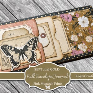 Könnte beinhalten: Ein digitales Journal-Set mit einem schwarz-goldenen Punktemuster-Rand, einem Blumenmuster mit rosa und weißen Blüten auf goldenem Hintergrund sowie mehreren Papiereinlagen. Eine Einlage zeigt einen schwarz-weißen Schmetterling und die Zahl 4817.