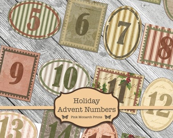 May include: Twelve vintage-style, oval and square, paper advent calendar numbers with a rustic, striped, and floral design. The numbers are in brown, green, and beige with a distressed look. The numbers are labeled "Holiday Advent Numbers" and "Pink Monarch Prints".