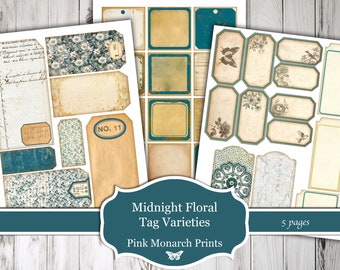 Midnight Floral Tag Varieties, Printable Papers, Digital Junk Journal, Floral, Junk Journal, Junk Journal Kit, Junk Journal Tags, Digital Ta