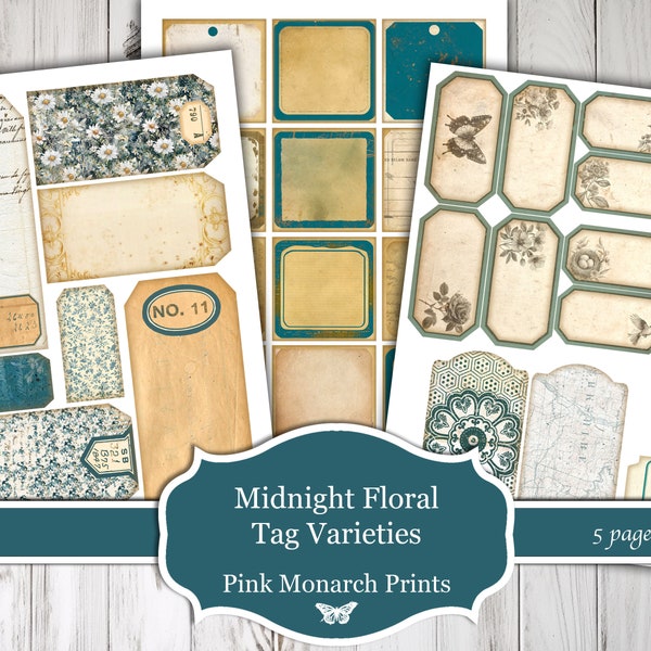 Midnight Floral Tag Varieties, Printable Papers, Digital Junk Journal, Floral, Junk Journal, Junk Journal Kit, Junk Journal Tags, Digital Ta