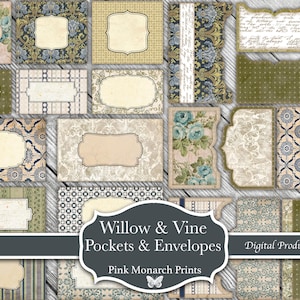 Könnte beinhalten: Eine Sammlung dekorativer Taschen und Umschläge mit verschiedenen Mustern und Designs. Die Designs umfassen florale, Damast- und geometrische Muster in Blau-, Grün- und Beigetönen. Der Text "Willow & Vine Pockets & Envelopes" wird angezeigt.