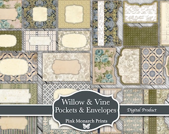 Willow And Vine Pockets and Envelopes, 8 Printable Scrapbooking and Junk Journaling Pages, Pockets and Envelopes (Digital Download)