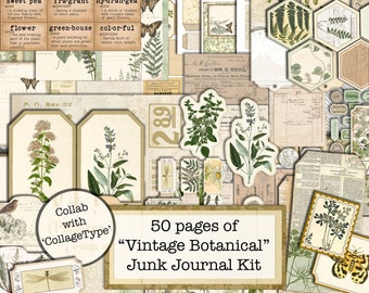 Könnte beinhalten: Eine Sammlung von Vintage-Botanikephemera, darunter Etiketten, Labels und Papierschnipsel. Das Design zeigt Illustrationen von Pflanzen, Schmetterlingen und handschriftlichem Text. Der Text lautet "50 pages of 'Vintage Botanical' Junk Journal Kit."