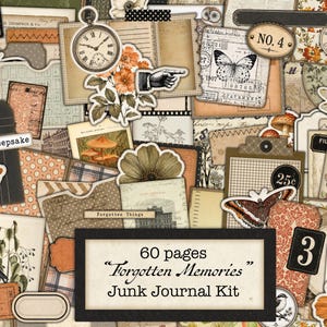 May include: A junk journal kit featuring 60 pages of vintage-style ephemera, including illustrations of butterflies, mushrooms, flowers, a pocket watch, postage stamps, and labels with text like "Keepsake," "Forgotten Things," and "Forgotten Memories."