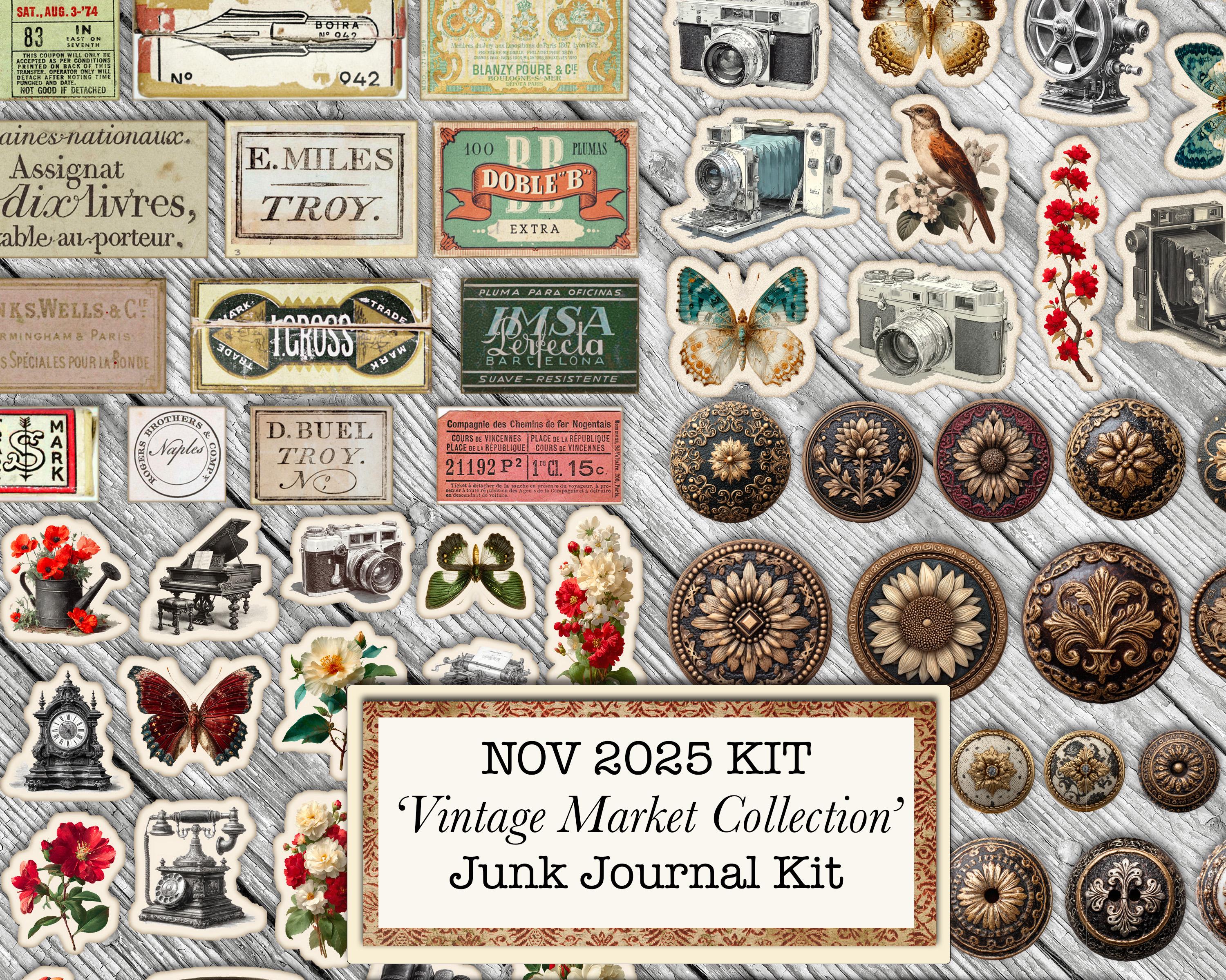 November '25 Vintage Market Collection Junk Journal Kit: 54 + 2 Page BONUS Pages, Large ...