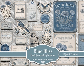 Blue Bliss Junk Journal Ephemera, Scrapbooking, Printable, Ephemera and More (Digital Download)
