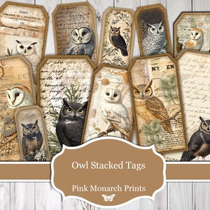 Hibou d'étiquettes empilées, imprimable, hibou Junk Journal, fournitures pour journal indésirable, vintage, journalisation indésirable, téléchargement numérique, journal indésirable, étiquettes vintage
