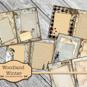 May include: A set of eight printable journal pages with a woodland winter theme. The pages feature various designs, including a snowy forest, a wolf, an owl, and a bingo card. The pages are perfect for journaling, scrapbooking, or card making.