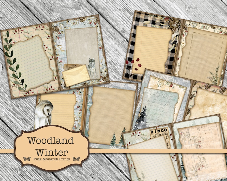 May include: A set of eight printable journal pages with a woodland winter theme. The pages feature various designs, including a snowy forest, a wolf, an owl, and a bingo card. The pages are perfect for journaling, scrapbooking, or card making.