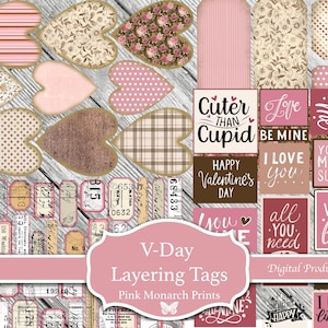 Puede incluir: Un collage digital con etiquetas de capas y formas de corazón con temática de San Valentín en varios patrones y colores. Las etiquetas incluyen texto como "Cuter Than Cupid" e "I Love You". La paleta de colores incluye rosas, marrones y cremas.