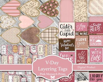 V-Day Layering Tags, Digital, Printable, Romance, Valentines Day, Tags for Junk Journal, Junk Journal, Valentines Junk Journal, Digital Tags