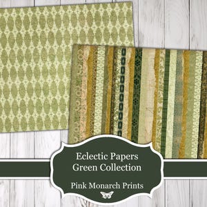 May include: Two digital paper designs in green and gold tones. The first design features a repeating pattern of green and white ovals. The second design features vertical stripes of green, gold, and white. The text "Eclectic Papers Green Collection Pink Monarch Prints" is displayed below the images.