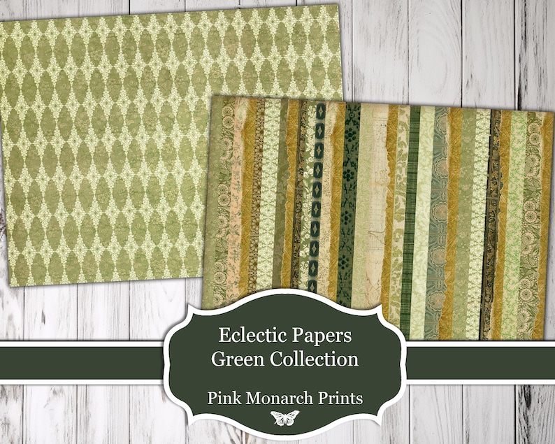 May include: Two digital paper designs in green and gold tones. The first design features a repeating pattern of green and white ovals. The second design features vertical stripes of green, gold, and white. The text "Eclectic Papers Green Collection Pink Monarch Prints" is displayed below the images.