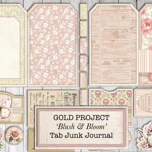 May include: A collection of paper ephemera with a vintage aesthetic. The pieces include tags, labels, and decorative elements in soft pinks, creams, and floral patterns. The text "Blush & Bloom" and "Tab Junk Journal" is visible.